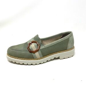 Rieker Sage Green Slip-On Loafers with Brown Buckle